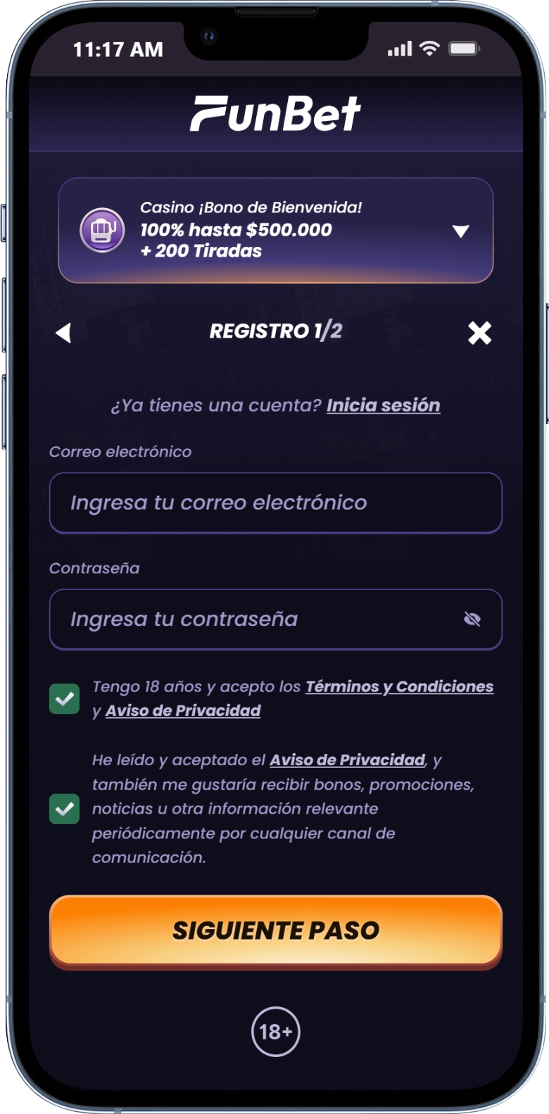 registro en casino online
