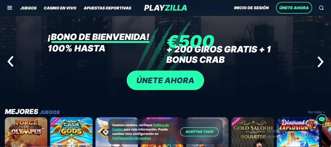 Página de inicio de PlayZilla Casino online Chile
