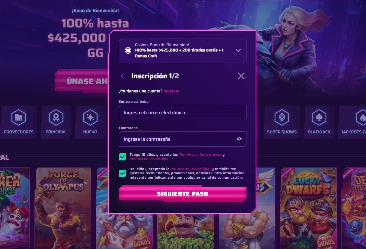 Crea tu nombre de usuario y contraseña e ingresa tu correo electrónico en Roby Casino online Chile